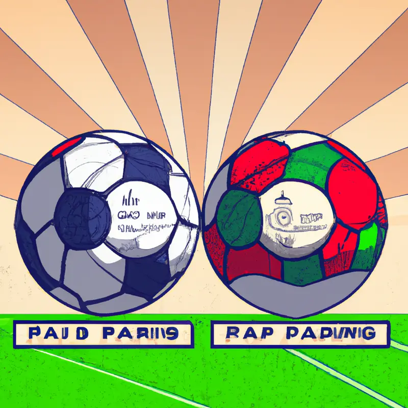 "A bright illustration of two soccer balls, each with half the Olympique Lyonnais emblem and half the Paris Saint-Germain emblem, set against the backdrop of the Stade Pierre-Mauroy under a clear, sunny sky.", vibrant vintage illustration style — DALL·E2