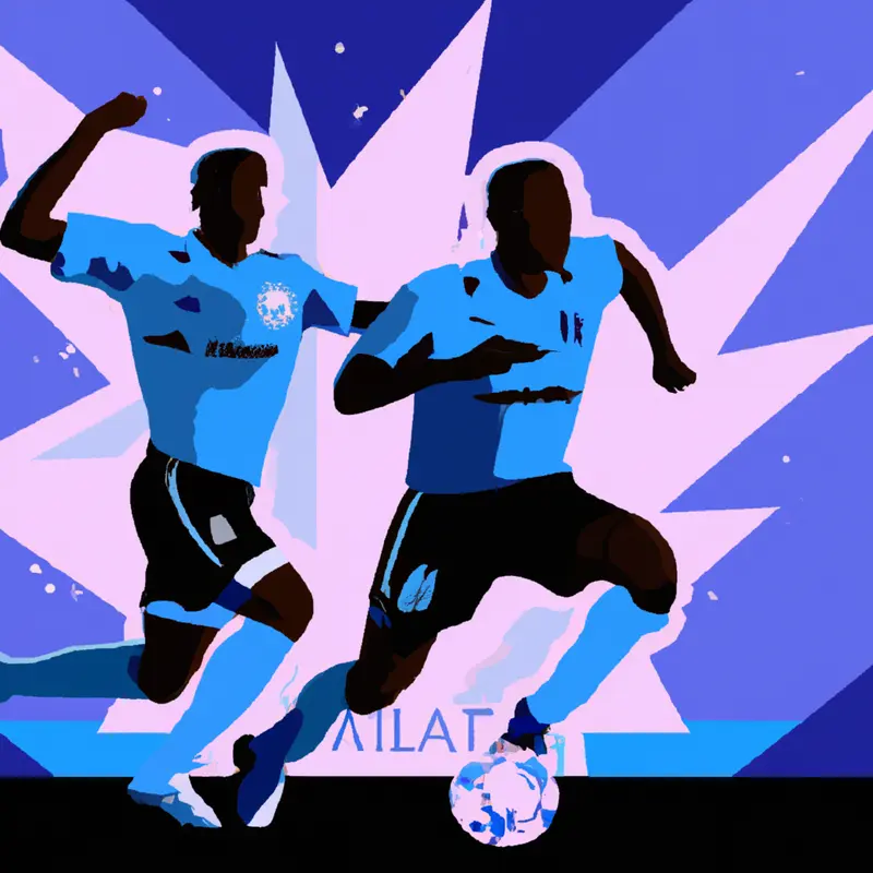 "An illustration showing two soccer players in action, one wearing an Atalanta jersey and the other in Olympique de Marseille colors, with a Europa League trophy silhouette in the background.", energetic vaporwave style — DALL·E2
