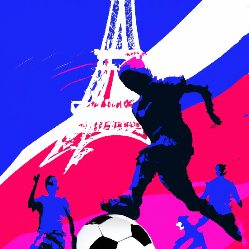 "A vibrant drawing of a soccer ball with the Eiffel Tower in the background. The ball is adorned with the French flag colors, and around it, silhouettes of young players are poised mid-action, symbolizing dynamism and hope.", colourful vaporwave style — DALL·E2