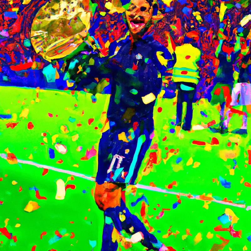 "A celebratory scene at the Paris Saint-Germain home stadium with Gianluigi Donnarumma smiling and holding a soccer ball, surrounded by cheering teammates and colorful confetti.", placid digital painting style — DALL·E2