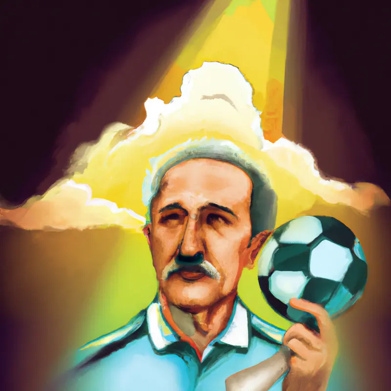 "An illustrated portrait of Vicente Del Bosque holding a shining whistle, surrounded by dark clouds and soccer balls with light rays breaking through, symbolizing hope amidst turmoil.", placid pastels style — DALL·E2