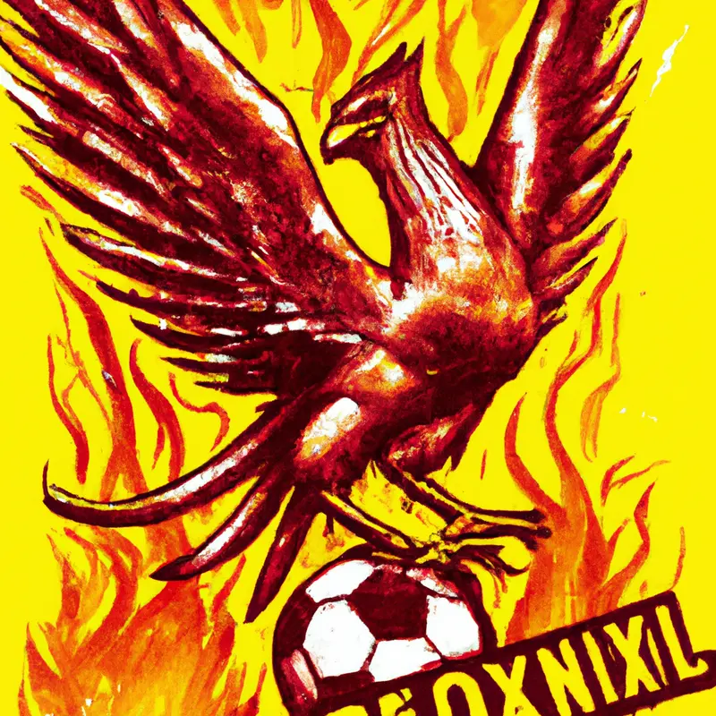 "An illustration of a phoenix rising from flames, with a football at its feet, symbolizing the resurgence of Wesley Saïd's career at RC Lens.", placid vintage illustration style — DALL·E2