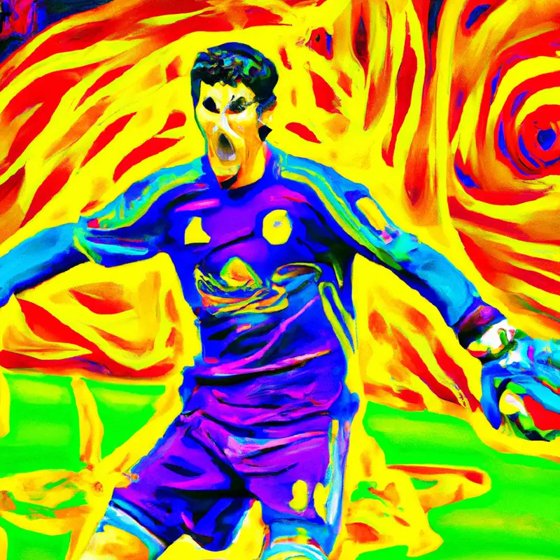 "A drawing of Thibaut Courtois in a soccer goalkeeper kit, with a phoenix rising in the background.", psychedelic oil painting style — DALL·E2
