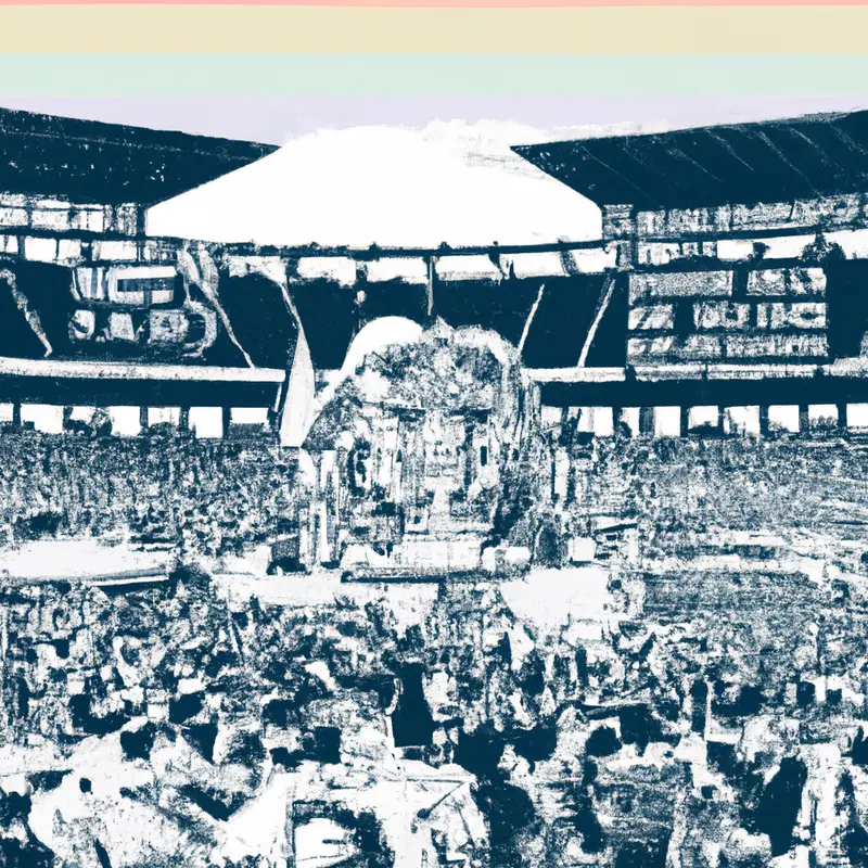 "An image of a two-sided soccer stadium, one side filled with jubilant Real Madrid fans celebrating with banners and trophies, and the other side showing Barcelona supporters in despair, shedding tears while watching the match.", psychedelic vintage illustration style — DALL·E2
