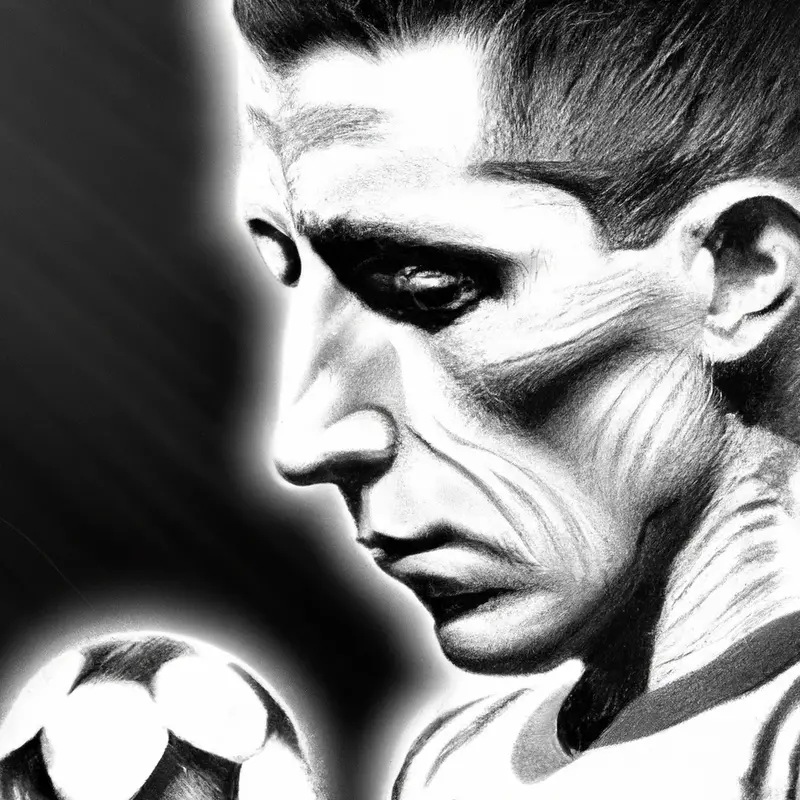 "A black and white drawing of Angel Di Maria looking contemplative with the shadow of a soccer ball in the background, symbolizing both his career and the dreams unfulfilled of returning to his boyhood club.", dynamic airbrush style — DALL·E2