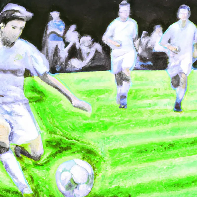"A detailed drawing of a soccer ball on a lush green field, with the Real Madrid crest prominently displayed in the foreground and a ghosted figure of Brahim Diaz performing an elegant dribble move, with a blurred audience in the background.", expressive pastels style — DALL·E2