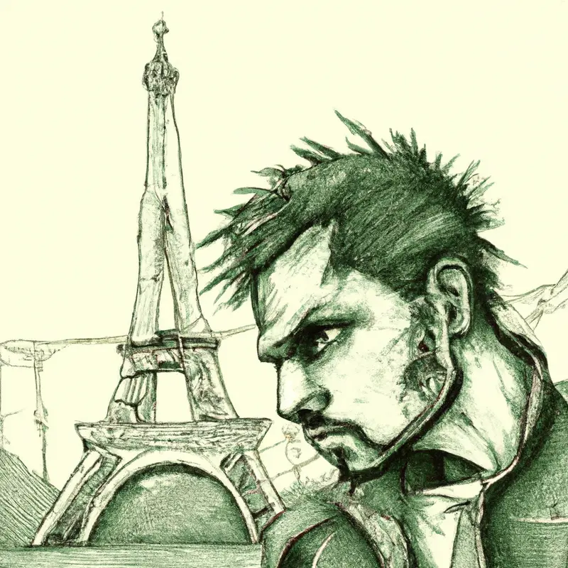 "A sketch of Luis Enrique looking thoughtfully at a soccer field, with the Eiffel Tower in the background.", expressive cyberpunk style — DALL·E2