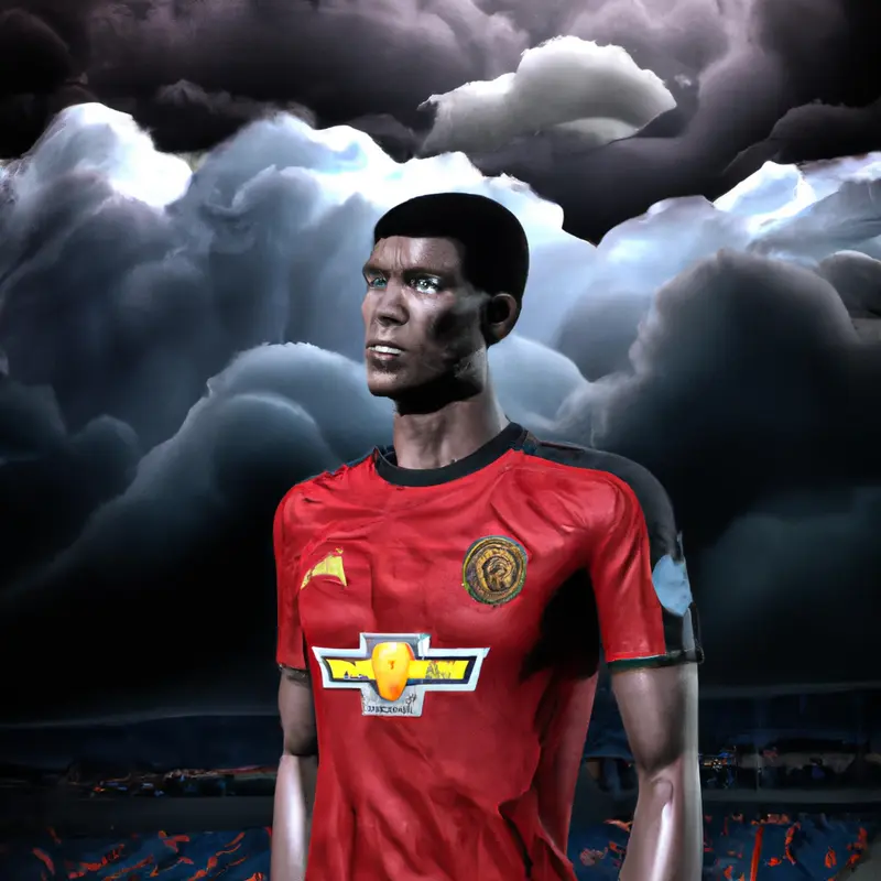 "An illustration showing a pensive Marcus Rashford in a Manchester United soccer kit, standing on the Old Trafford pitch with stormy clouds overhead, symbolizing uncertain times ahead.", brash sci-fi style — DALL·E2