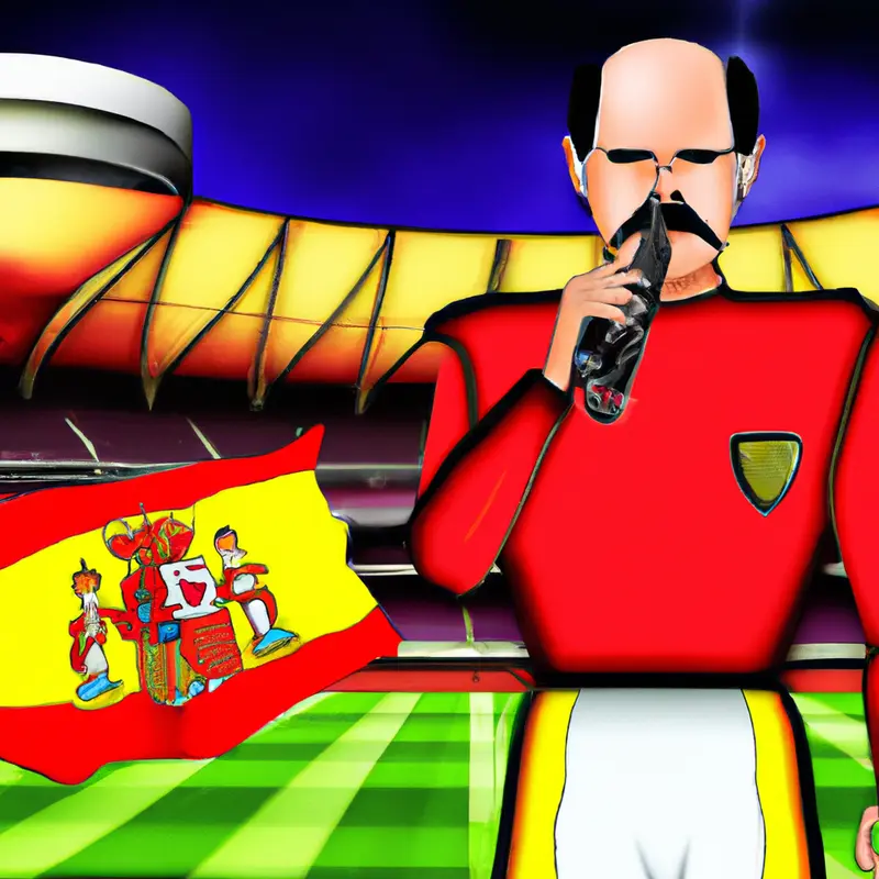 "An illustrated figure of Vicente Del Bosque holding a giant whistle, standing in front of a soccer stadium with the Spanish flag in the background.", vivid sci-fi style — DALL·E2