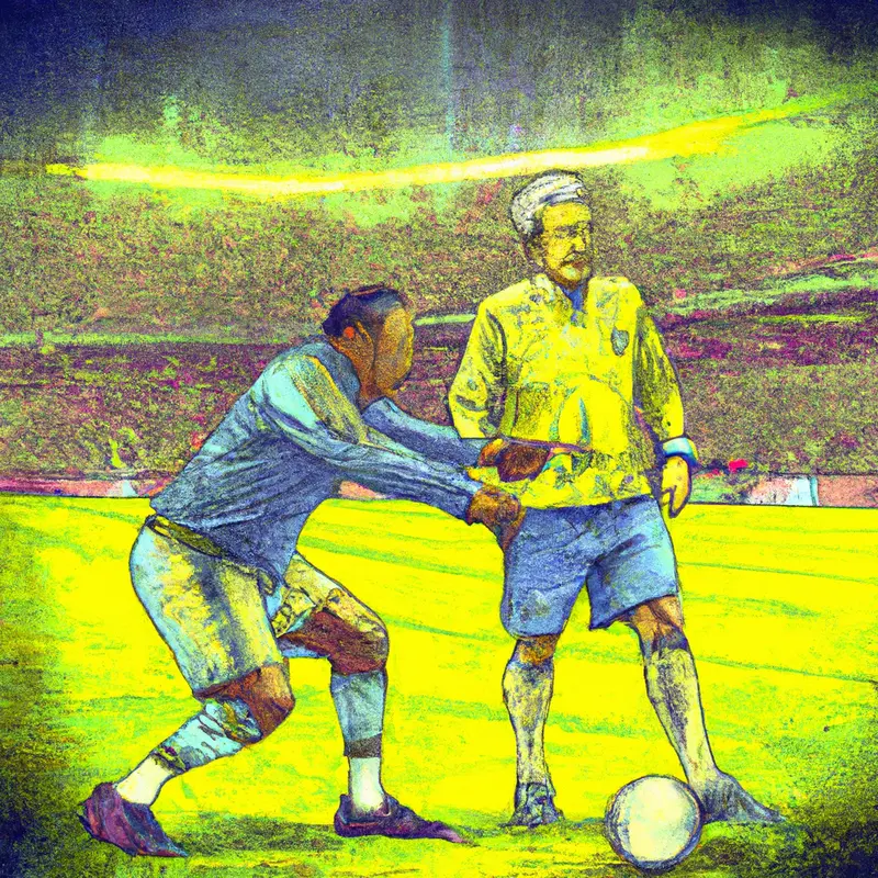 "An illustration of a focused Jean-Louis Gasset standing on the sidelines of a soccer field, directing a determined Pierre-Emerick Aubameyang, who is in action, dribbling a soccer ball with a large soccer stadium filled with fans in the background.", rich pastels style — DALL·E2