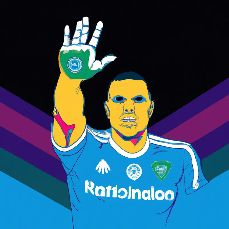 "An illustration of Ronaldo Nazário standing between two soccer club crests, with one hand waving goodbye.", placid cyberpunk style — DALL·E2