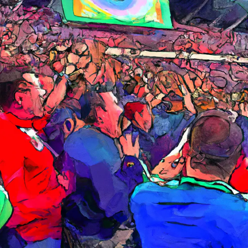 "A detailed illustration of a stunned crowd in a soccer stadium, with the scoreboard in the background reading Crystal Palace 4, Manchester United 0.", dynamic pastels style — DALL·E2