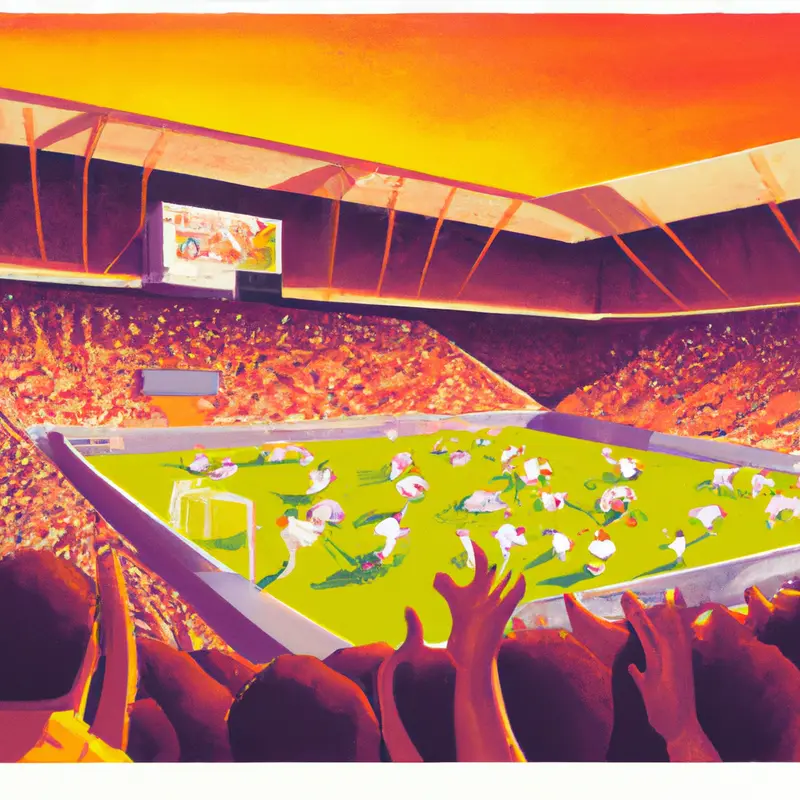 "A vibrant stadium filled with fans, focusing on a dramatic moment where a player in a white jersey celebrates a goal, with deflated opponents in red jerseys in the background. The scoreboard in the image shows Real Madrid 2, Bayern Munich 2.", colourful pastels style — DALL·E2