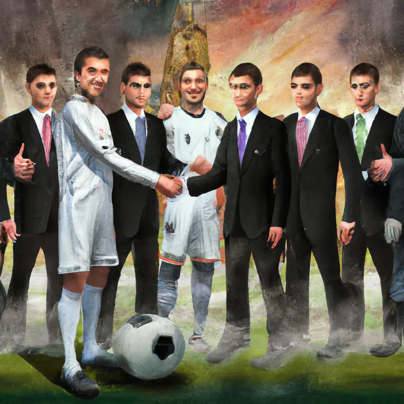 "A group of soccer players from Brest in tuxedos, shaking hands with soccer players from Juventus on a soccer field", organic airbrush style — DALL·E2