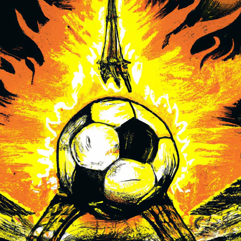 "An illustration of a soccer ball engulfed in flames with the Eiffel Tower and Dortmund's Signal Iduna Park stadium in the background, symbolizing the heated match ahead.", colourful vintage illustration style — DALL·E2