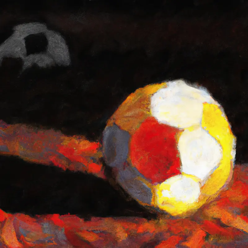 "A soccer ball on the pitch, half bathed in light representing Lens' victory, and the other half in shadow, symbolizing Lorient's defeat.", placid oil painting style — DALL·E2