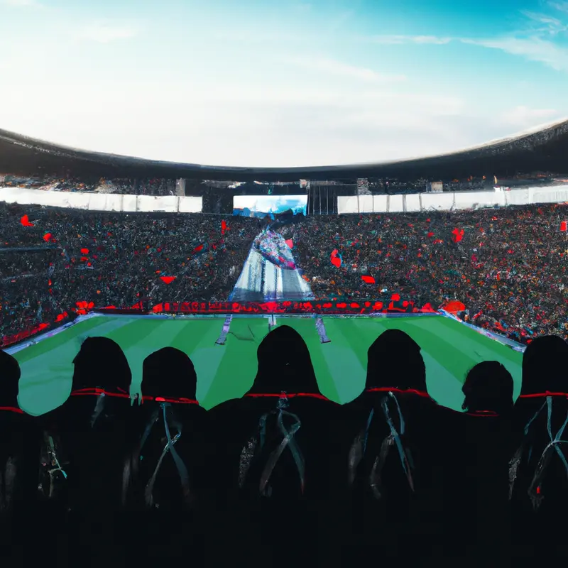 "A respectful gathering of people in a football stadium, observing a moment of silence with a black ribbon displayed on the screen, symbolizing the remembrance of the Furiani tragedy.", expressive cyberpunk style — DALL·E2