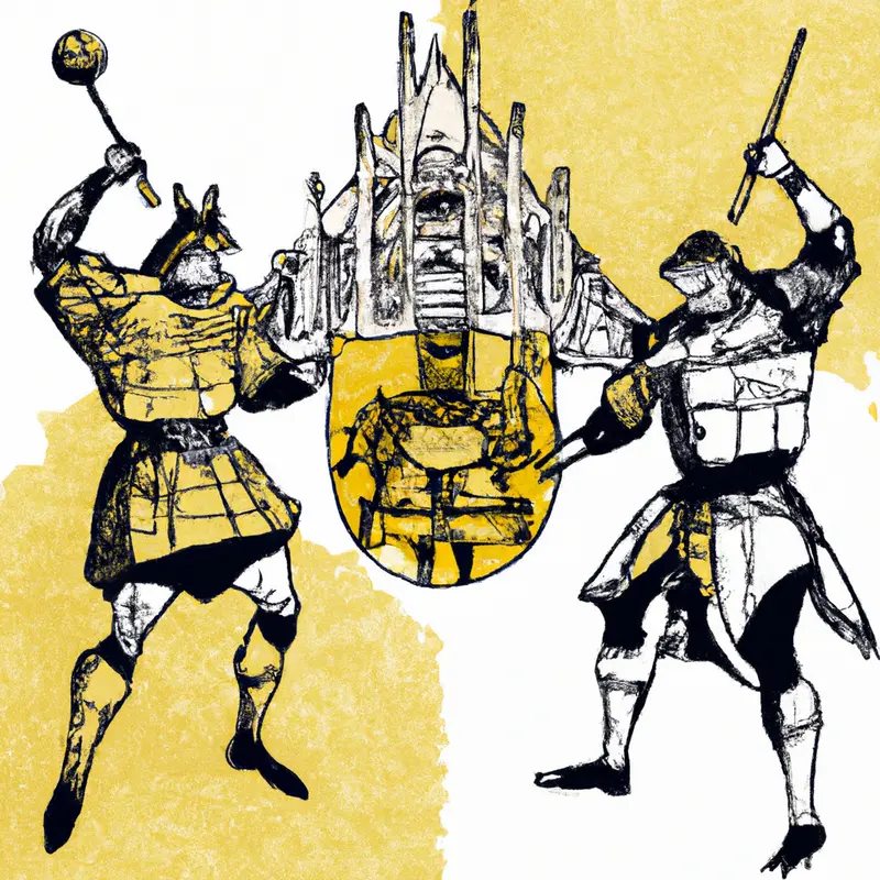 "A drawing of two medieval knights with soccer ball shields, one shield with the Borussia Dortmund logo and the other with the Real Madrid logo, standing in front of a large stadium.", dynamic Ukiyo-e style — DALL·E2