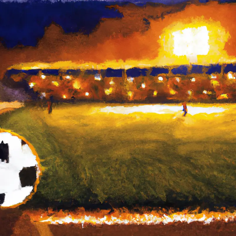 "A soccer ball on the halfway line of a brightly lit soccer field at dusk, with the silhouette of a stadium filled with fans in the background", expressive oil painting style — DALL·E2