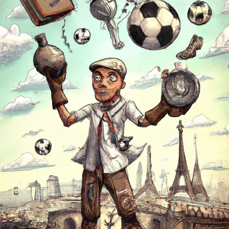 "A cartoonish Thierry Henry dressed as a chef, juggling soccer balls labelled with the names of French players like 'Mbappé', 'Griezmann', and 'Lacazette', in front of the Eiffel Tower", energetic steampunk style — DALL·E2
