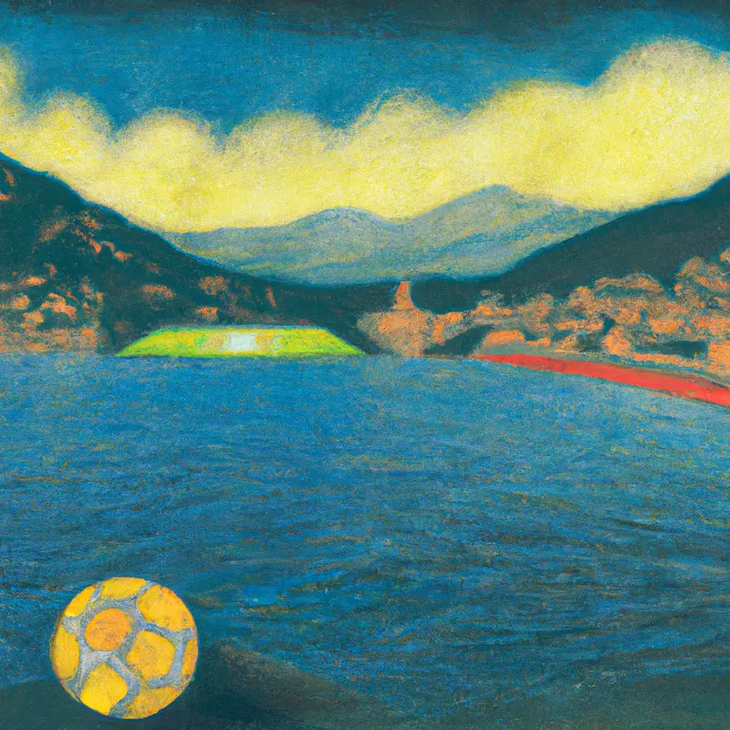 "A scenic view of Lake Como with a soccer ball prominently displayed in the foreground and the Stadio Sinigaglia lightly outlined in the background, under a sunny sky.", rich Ukiyo-e style — DALL·E2