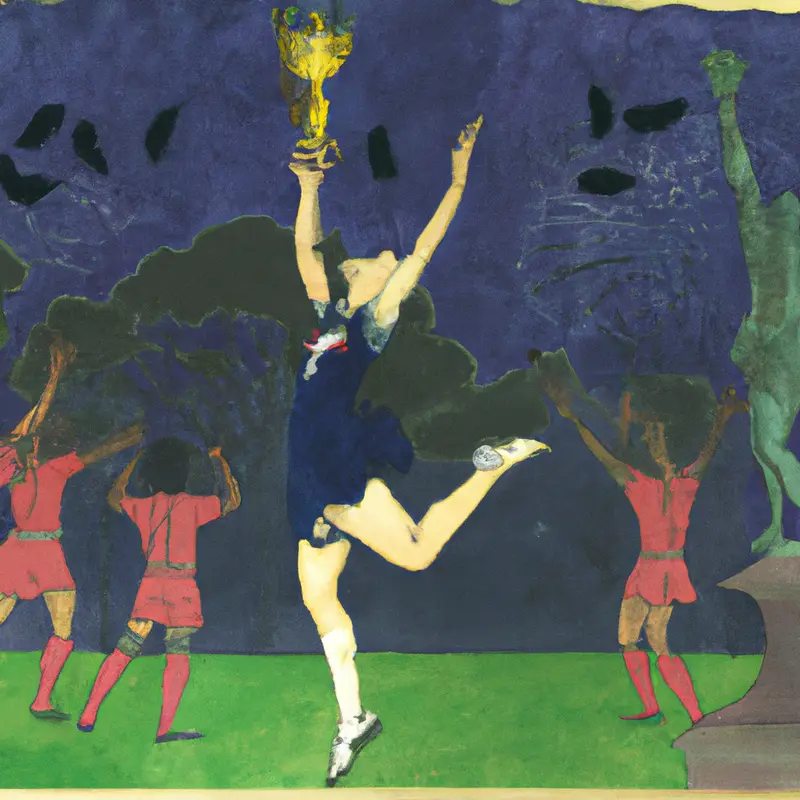 "A soccer player lifting the Coupe de France trophy aloft, her teammates celebrating jubilantly in the background on a soccer field", subtle Ukiyo-e style — DALL·E2