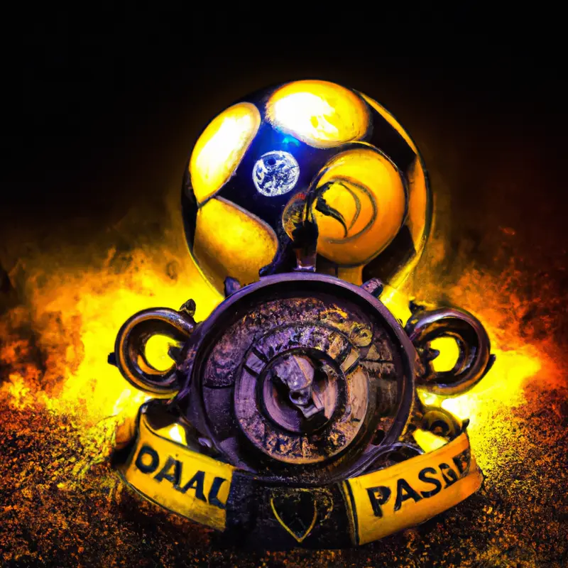 "A soccer ball with the Borussia Dortmund logo on one side and the Paris Saint-Germain logo on the other, placed in the center of a soccer field under spotlights.", energetic steampunk style — DALL·E2