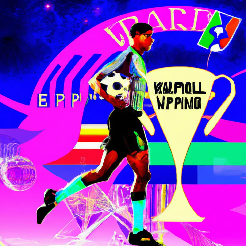 "A graphic illustration showing Kylian Mbappé running with a soccer ball at his feet, with the flags of France and Germany in the background, and the silhouette of the Champions League trophy looming large behind him.", elegant vaporwave style — DALL·E2
