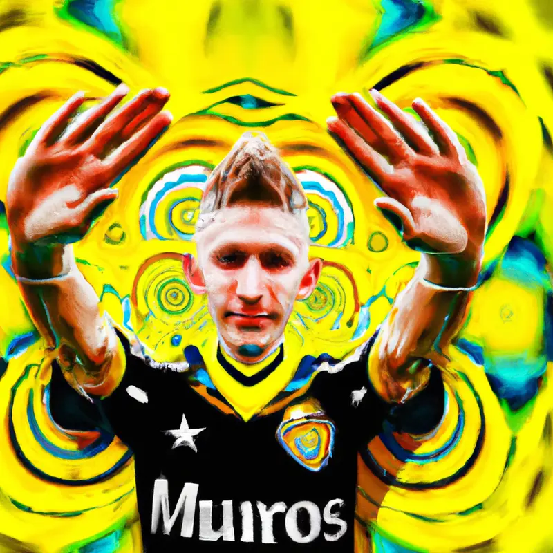 "Marco Reus waving to the fans, with the Borussia Dortmund and Saint-Louis soccer team logos on the background.", kaleidoscopic airbrush style — DALL·E2