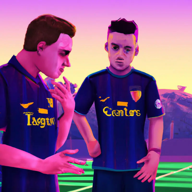 "A young player wearing the Barcelona training kit while discussing strategies with Xavi, the Barcelona coach, on a lush soccer field", brash vaporwave style — DALL·E2