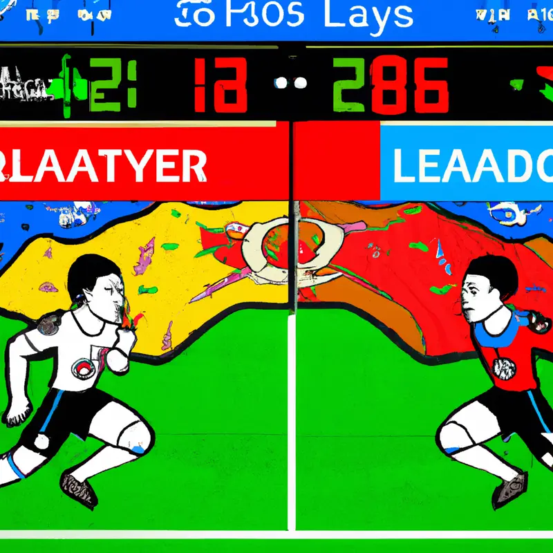 "A detailed illustration showing two soccer teams in action on the field, with the scoreboard indicating a 2-0 lead for Bayer Leverkusen.", bright Ukiyo-e style — DALL·E2