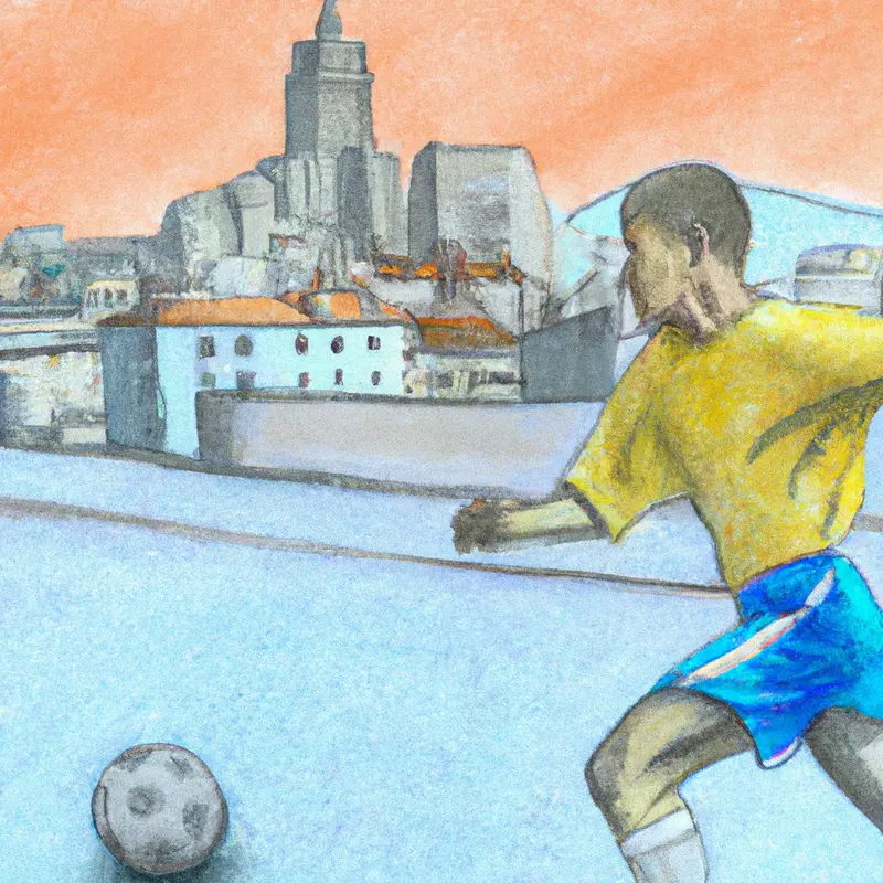 "A young soccer player, wearing a Dijon FCO Jersey, dribbling a soccer ball with the Marseille skyline in the background.", monumental pastels style — DALL·E2