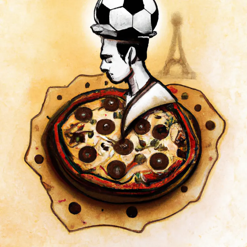 "A soccer ball resting on a pizza, symbolizing the fusion of Italian culture with the soccer world, with a silhouette of a player in the background considering a smaller, humble slice of pizza.", bright steampunk style — DALL·E2
