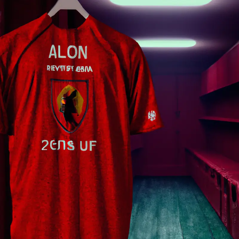"A vintage-inspired red soccer jersey hanging in the Liverpool locker room, with 'You'll Never Walk Alone' visible in the fabric texture.", rich cyberpunk style — DALL·E2