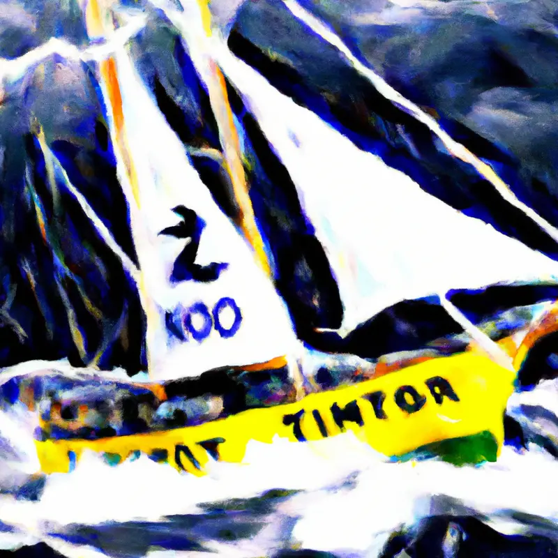 "A sketch of a ship braving stormy seas with the FC Nantes logo on its sail, navigating through turbulent waters symbolizing the club's challenges", distorted oil painting style — DALL·E2