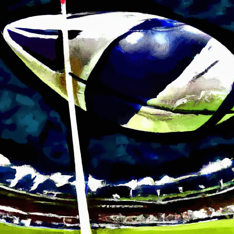 "A close-up of a rugby ball with the flags of Toulouse and Leinster on either side, flying towards a goal post under the night sky at Tottenham Stadium", distorted digital painting style — DALL·E2