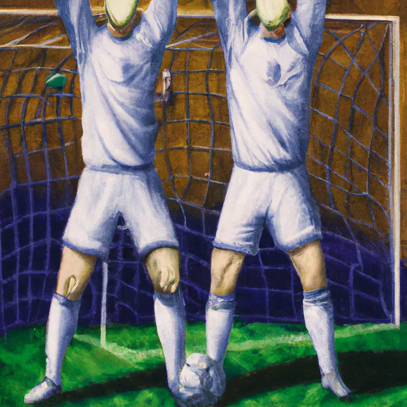 "An illustration depicting two goalkeepers wearing Real Madrid uniforms, each guarding one half of a soccer goal, with a soccer ball placed right in the middle, symbolizing the choice between them.", rich pastels style — DALL·E2