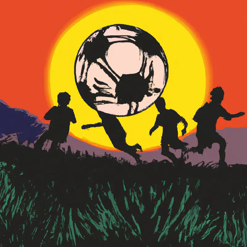 "A soccer ball on a grass field at sunset, with the silhouettes of two teams in the background, illustrating the climax of a thrilling match.", ecstatic Ukiyo-e style — DALL·E2