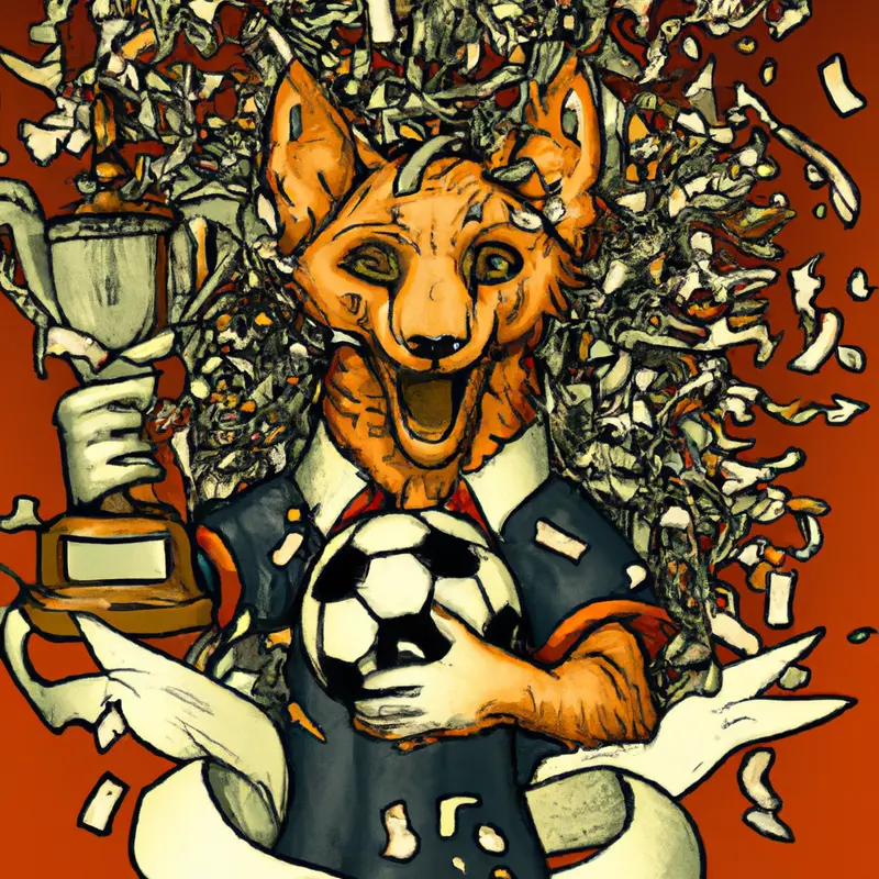 "An illustration of a triumphant fox wearing a soccer jersey, holding a Championship trophy aloft with confetti falling in the background.", distorted steampunk style — DALL·E2