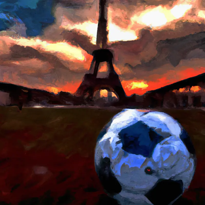 "A soccer ball laying on the pitch at the Parc des Princes stadium with the Eiffel Tower silhouette in the background, as the sun sets.", chaotic digital painting style — DALL·E2