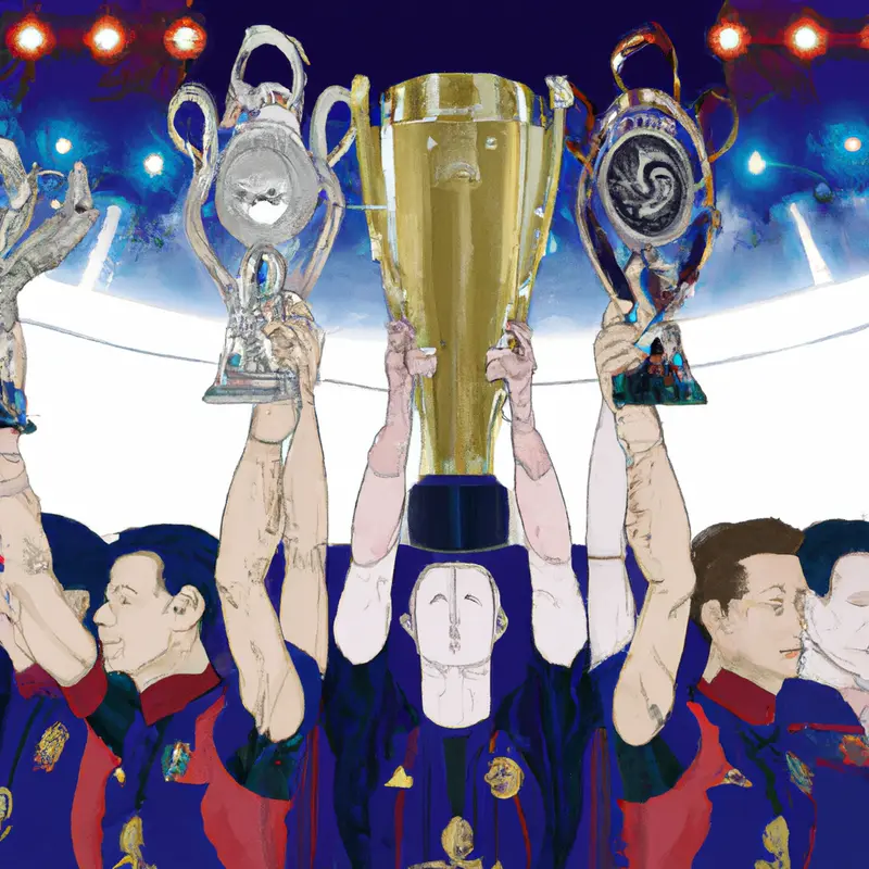 "A detailed illustration of the PSG team holding up their trophies together, showcasing unity and teamwork, without the presence of Neymar, Lionel Messi, or Kylian Mbappe in a soccer stadium filled with cheering fans.", elegant sci-fi style — DALL·E2