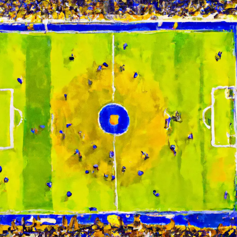 "A detailed soccer pitch from a bird's-eye view, with two goals and a soccer ball placed in the center circle. The stands are filled with animated fans, wearing colors of both teams, creating an atmosphere of an intense match.", bright oil painting style — DALL·E2