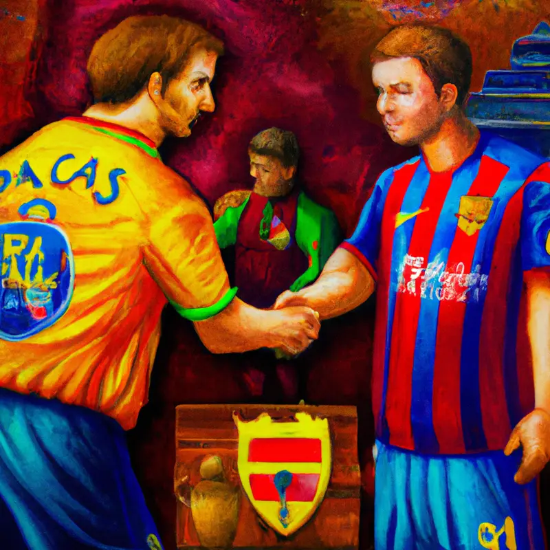 "A confident young soccer player dressed in FC Barcelona colors, shaking hands with an older team official in front of a backdrop featuring the FC Barcelona logo and a large, locked treasure chest.", colourful oil painting style — DALL·E2