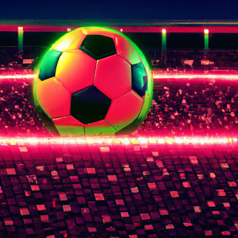 "A soccer ball on the brink of crossing the goal line, under floodlights, with fans in green and red colors anxiously watching from the stands.", saturated cyberpunk style — DALL·E2
