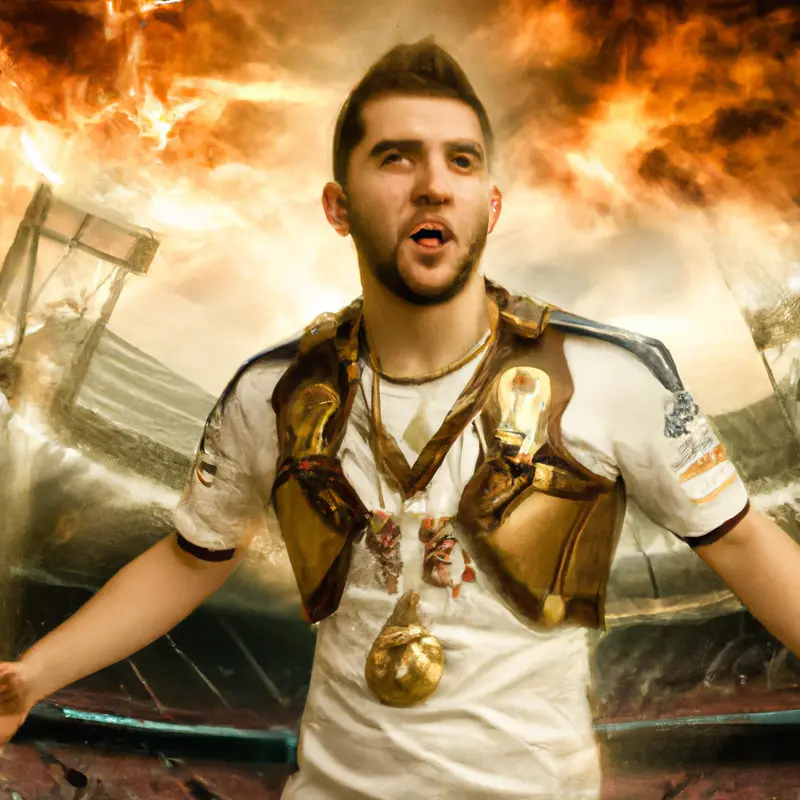 "A young Turkish soccer player in a Real Madrid jersey looking excited and hopeful, with the Wembley Stadium glowing in the evening light in the background.", dynamic steampunk style — DALL·E2