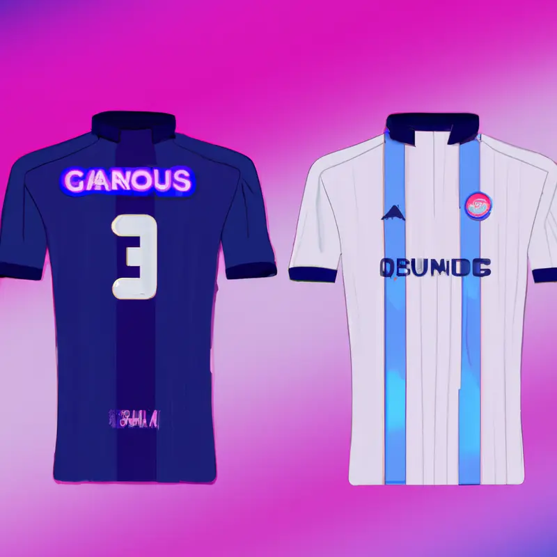 "An illustration showing two soccer jerseys side by side, one with the name 'Luis Enrique' and the other with 'Gonçalo Ramos', both hanging in a locker room with the Paris Saint-Germain logo in the background.", dynamic vaporwave style — DALL·E2