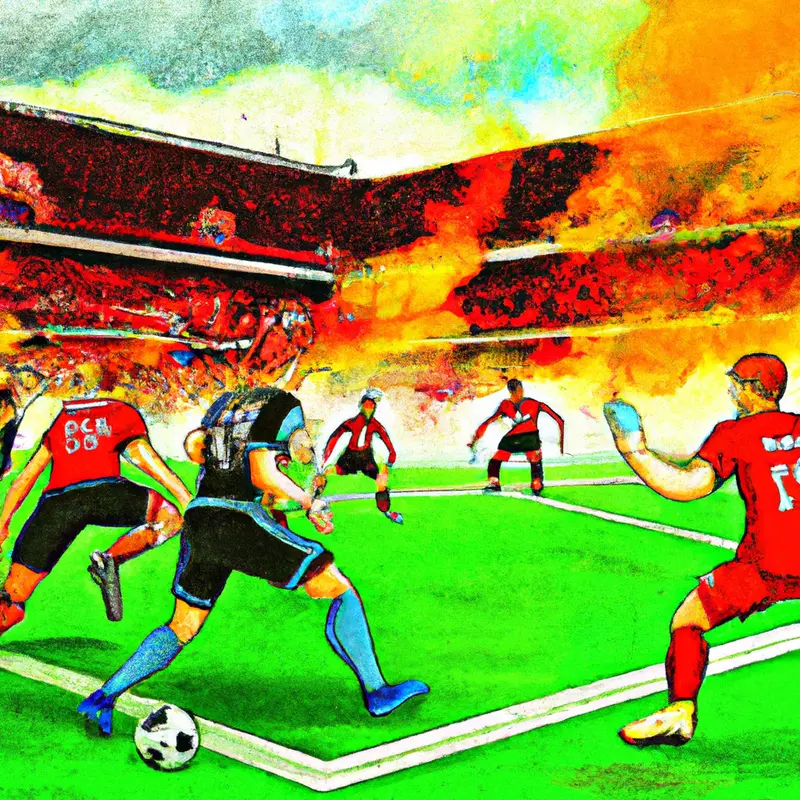 "A detailed illustration of a soccer match between Bayer Leverkusen and AS Rome, showcasing key players in action with a lively stadium in the background.", bright airbrush style — DALL·E2
