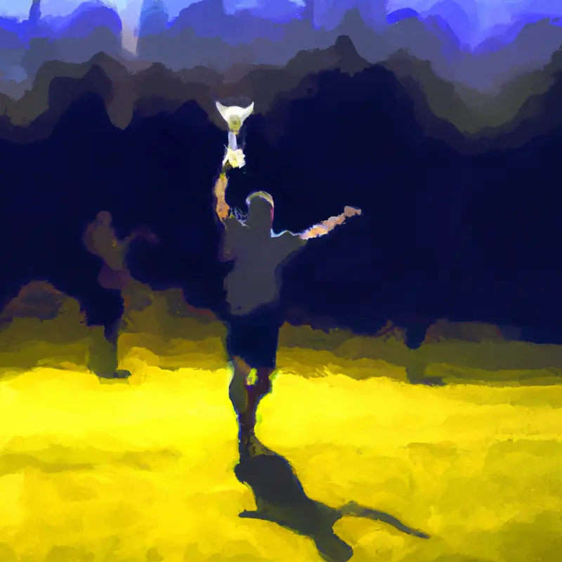 "A bright, sunlit soccer field with a silhouette of a young male player holding a trophy aloft, surrounded by faint outlines of cheering teammates in the background.", placid digital painting style — DALL·E2