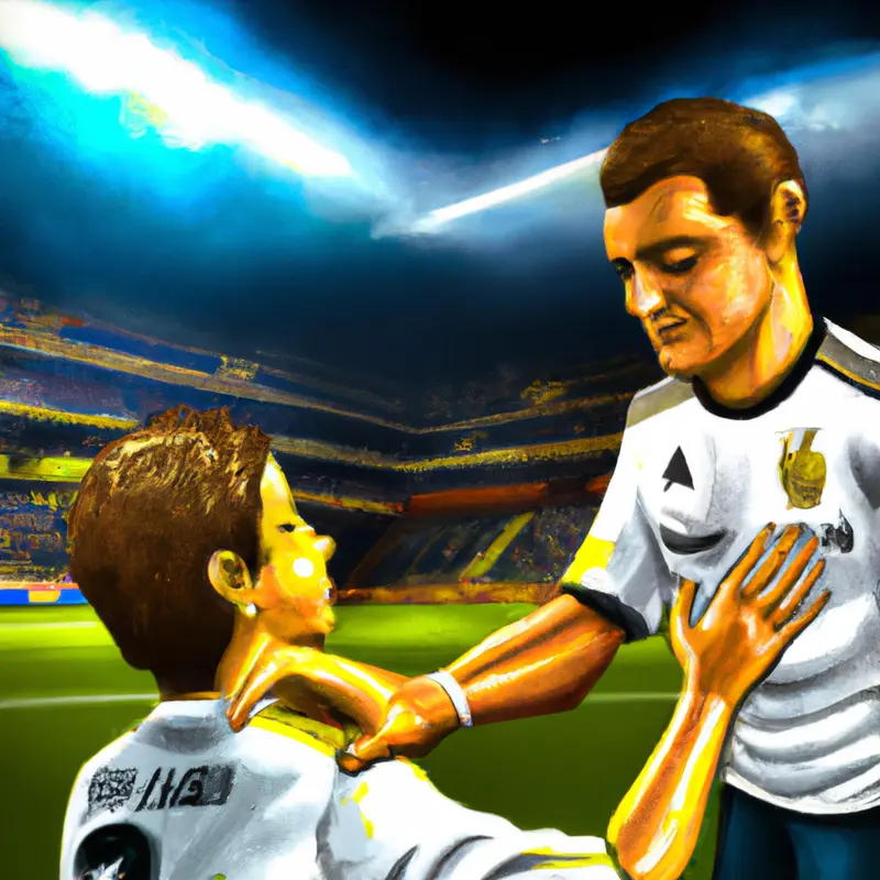 "A young soccer player in a Real Madrid jersey sharing a heartfelt moment with his coach on the soccer field, under the shining lights of a large stadium.", colourful digital painting style — DALL·E2