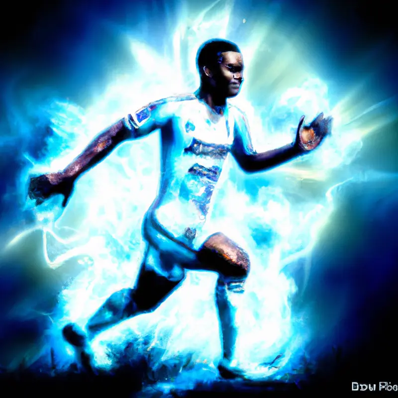 "An illustration of a soccer player wearing an Olympique de Marseille jersey, confidently walking onto the field with a magical aura around him, conveying a sense of secret power.", ecstatic airbrush style — DALL·E2